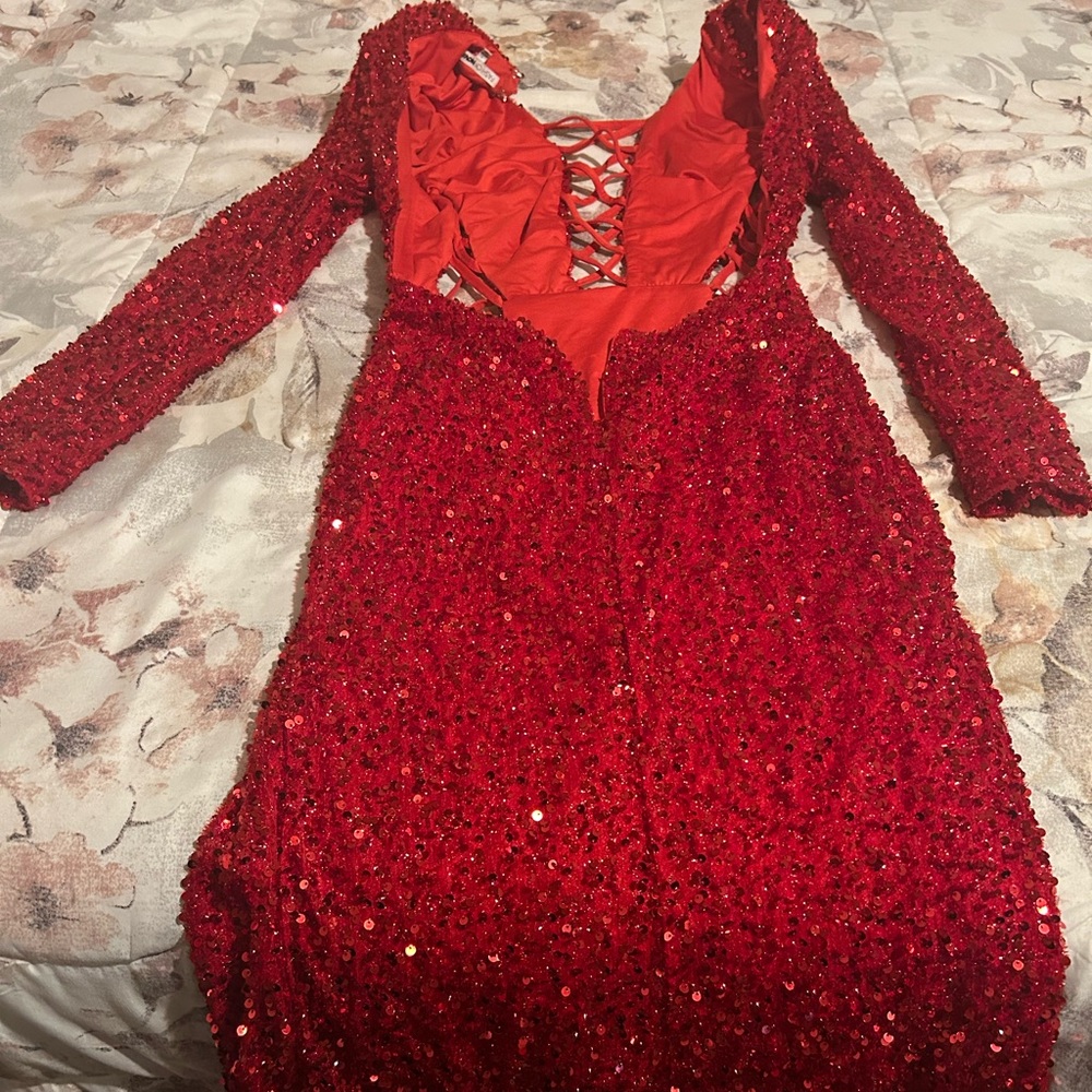 Red Sequins Long Sleeve With A Side Split - image 1